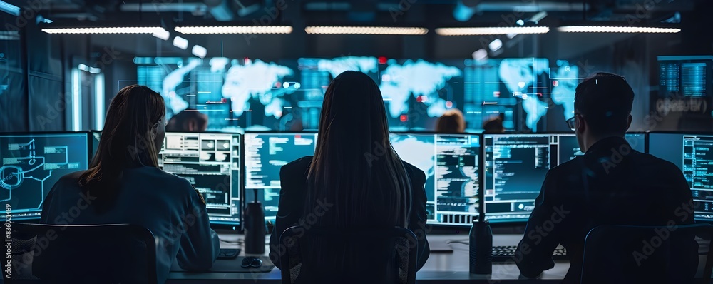 Poster corporate cybersecurity team conducting live hacking simulation for client training