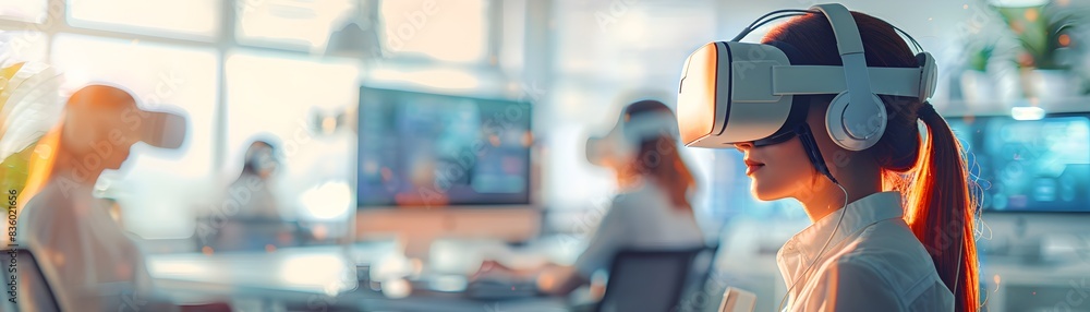 Poster virtual reality developers creating immersive environments for remote team in modern business settin