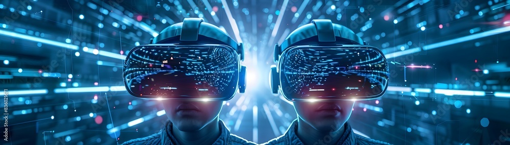 Poster virtual reality developers creating immersive environments for remote team and digital communication