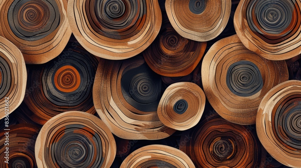 Poster pattern of cut trunks forming abstract design with circular brown shapes