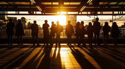 A silhouette photograph of commuters waiting on a platform at sunset, their figures backlit by the golden light - Powered by Adobe