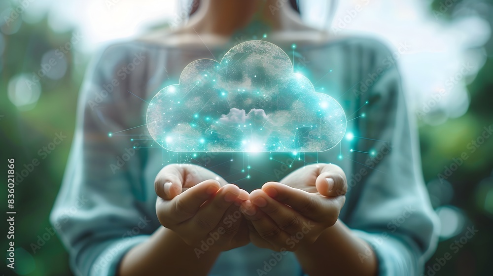 Poster customer using cloud storage to backup personal photos and documents cloud computing concept with co