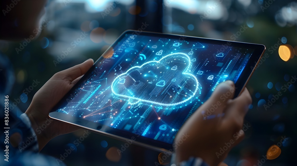 Poster cloud computing concept with customer using digital tablet to back up personal files