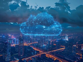 Global Cloud Computing Network Connecting Futuristic City Skyline