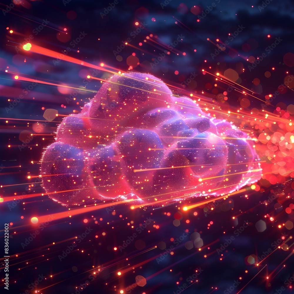 Poster vibrant animation of data packets flowing through a futuristic cloud network