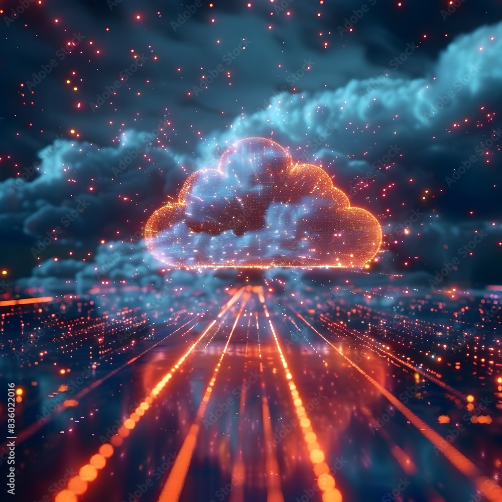 Poster dramatic animation of cloud network data packets illustrating speed and efficiency in computing tech