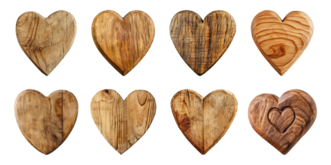 Collection heart shapes blank wooden sign board wood on a transparent background. Valentine's Day, wedding, love, cut out, PNG
