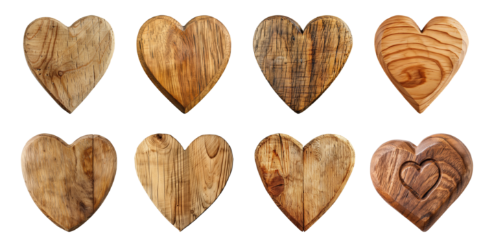 Collection heart shapes blank wooden sign board wood on a transparent background. Valentine's Day, wedding, love, cut out, PNG - Powered by Adobe