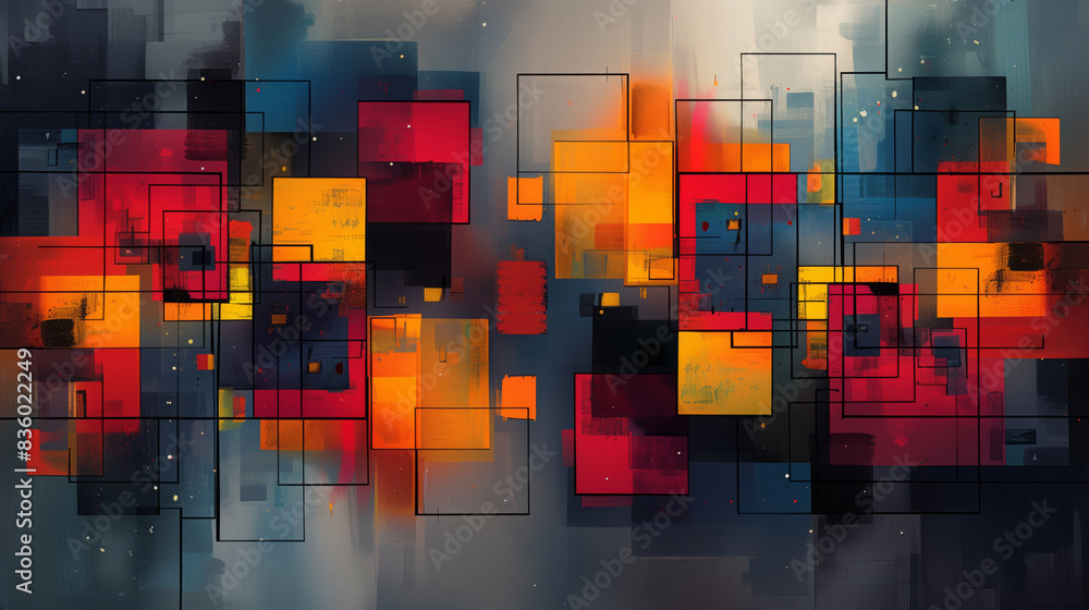 Poster a vibrant abstract artwork featuring geometric shapes like squares and rectangles in various hues bl