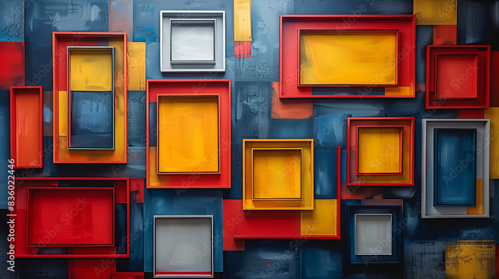 Poster a painting featuring an array of differently colored boxes arranged in a dynamic composition.