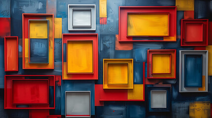 A painting featuring an array of differently colored boxes arranged in a dynamic composition.