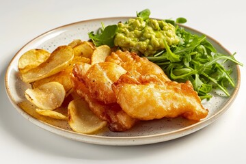 Fototapeta premium Crispy Halibut with Freshly Cut Chips and Guacamole
