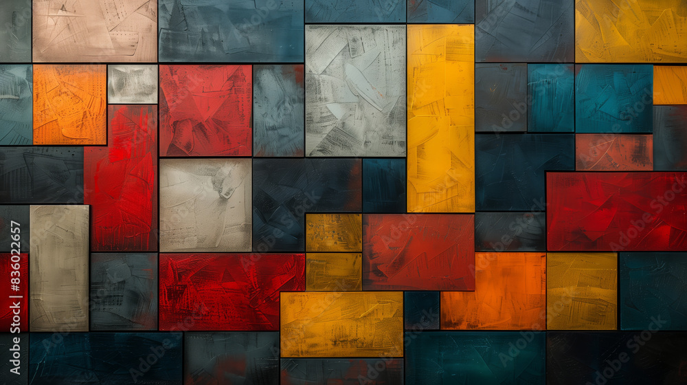 Poster an abstract painting featuring squares and rectangles in various sizes and colors, creating a dynami