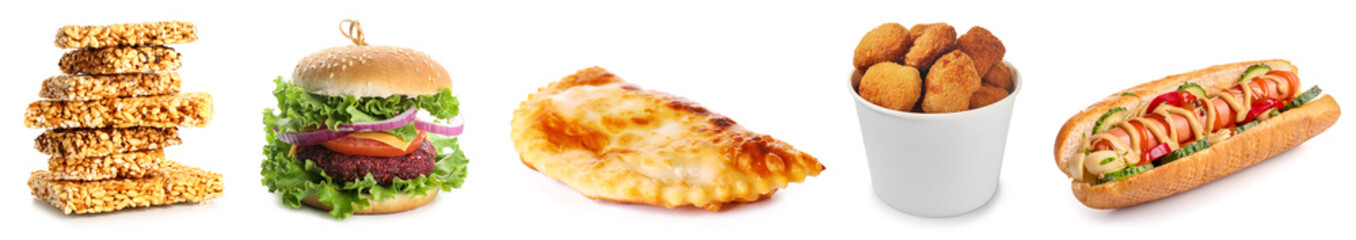 Set of different fast food products on white background