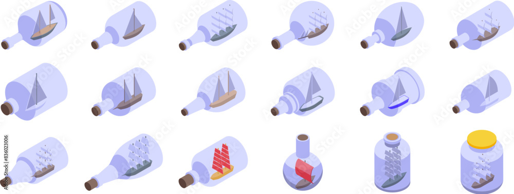 Poster sailboats bottles icons isometric set vector. a collection of glass bottles with various shapes and 
