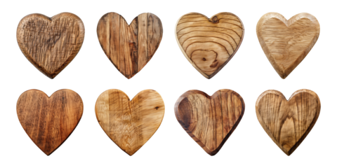 Collection heart shapes blank wooden sign board wood on a transparent background. Valentine's Day, wedding, love, cut out, PNG