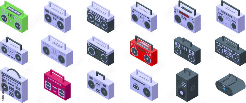 Poster boombox icons isometric set vector. a collection of different colored portable music players. the co
