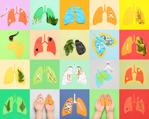 Set of paper lungs on color background. Cancer concept