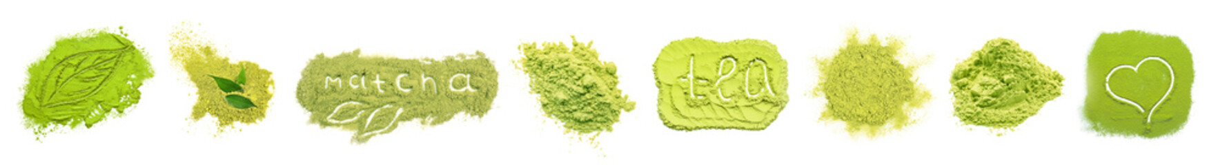 Set of powdered matcha tea on white background, top view
