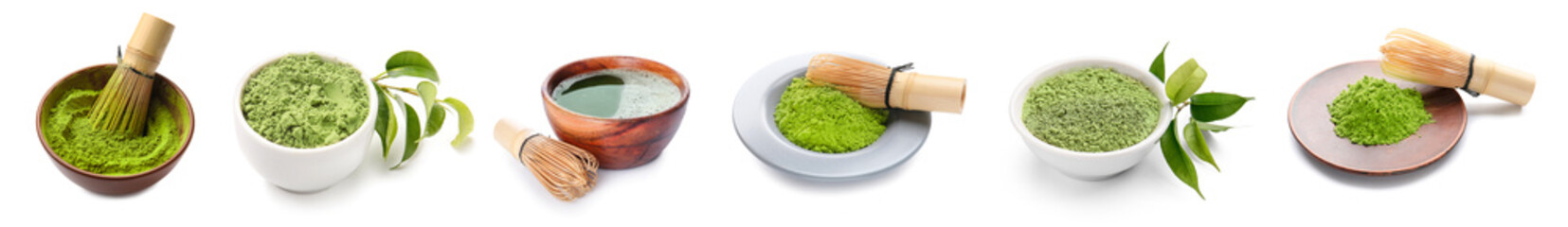 Set of powdered matcha tea on white background