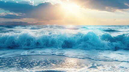 Blue ocean wave at the shore with blurred backdrop and sun rays Serene nature scene