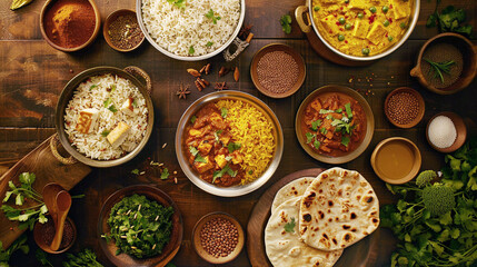 Assorted indian food like rice roti gravy paneer dal etc on wooden table top view 