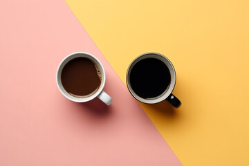 Set of coffee cups in pink yellow pastel color table. Top view - Powered by Adobe