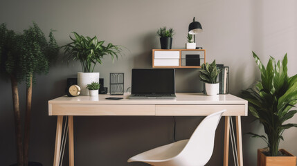 Home office setup with a sleek desk, indoor plants and laptop
