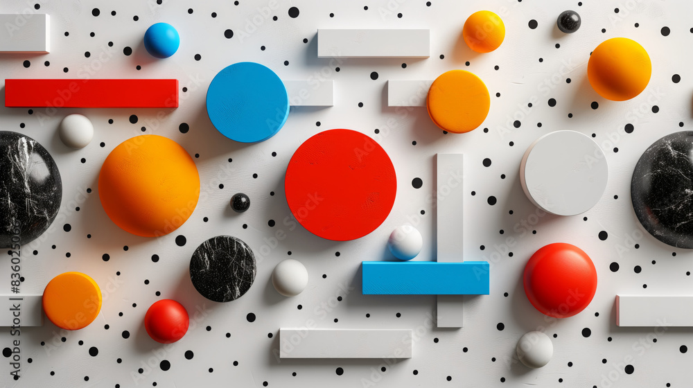 Poster diverse array of brightly colored objects displayed on a wall, creating a vibrant and eye-catching s