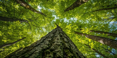 A Canopy Of Lush Green Leaves Encircles A Towering Tree Trunk In A Vibrant Forest