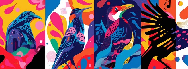 Mixed media photo collage set with colorful birds, stylized fashion illustrations, banners, bird posters with geometry elements, elegant modern card, scrapbooking, AI