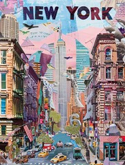 Mixed media art paper photo collage of the city , styled trendy fashion illustration of a poster with a city,  scrapbooking with paint splashes and torn paper , AI