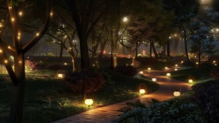 Naklejka premium A city park at night, transformed into a tranquil escape with paths lit by soft lanterns. 