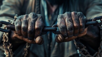 Grimy Hands Holding a Heavy Chain in a Grim Setting