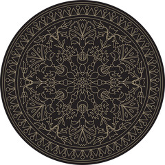 Vector linear contour black and gold round Turkish ornament. Ottoman circle, ring, frame. Muslim pattern for stained glass.