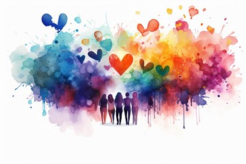 Fototapeta premium Watercolor painting of a group of people with hearts, symbolizing love, unity, and community.