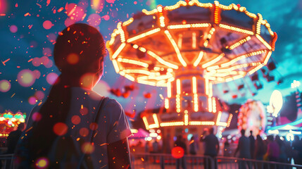 Person at colorful night carnival with carousel and lights, featuring vivid bokeh. Dreamy festive atmosphere captured in vibrant hues.
