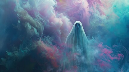 Ghostly figure emerging from vibrant smoke clouds in an otherworldly scene of mystery and wonder