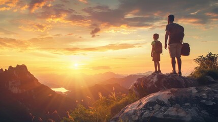 A Father And Son Stand On A Mountaintop As The Sun Sets On A Distant Valley
