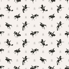 Silhouettes of dressage riders and horses, seamless vector pattern