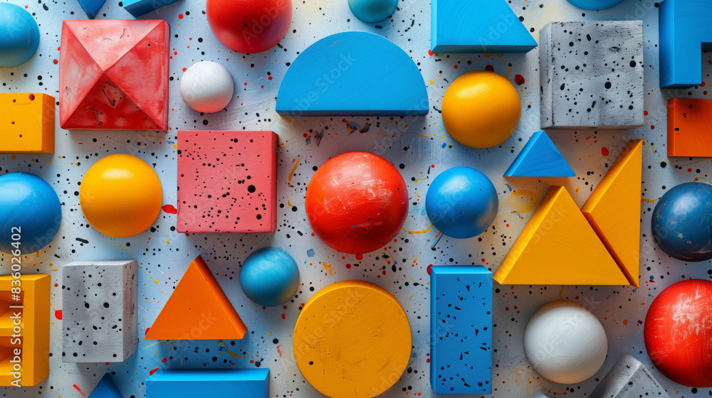 Poster close-up view of a wall displaying a variety of shapes and sizes arranged in an abstract pattern.