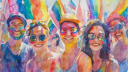 Obraz premium A diverse group of LGBTQ people celebrating Pride Festival, showcasing unity and happiness with rainbow flags, colorful face paint, and joyous interactions