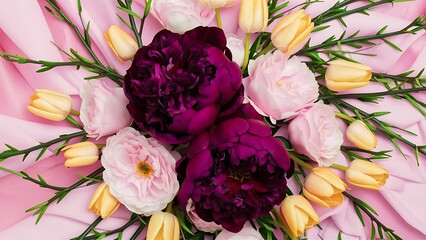 Various summer flowers flat lay purple peonies pink roses tulips and green branches over pastel pink
