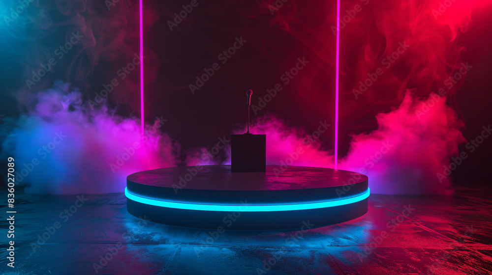 Poster stylish stage illuminated by neon lights with colorful smoke, 3d rendering