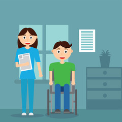 Young Man in Wheelchair in Hospital with Nurse. Healthcare and medicine concept vector art