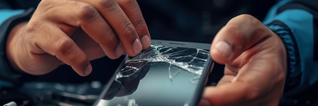 Man using tools to replace a broken protective glass on a smartphone - Powered by Adobe