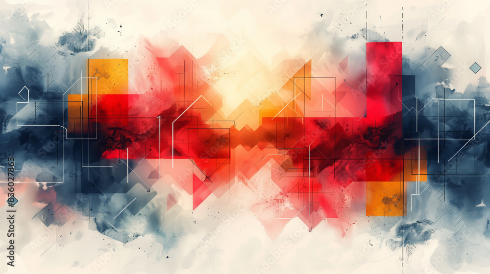 Poster an abstract artwork showcasing vibrant red and yellow squares arranged in a dynamic composition.