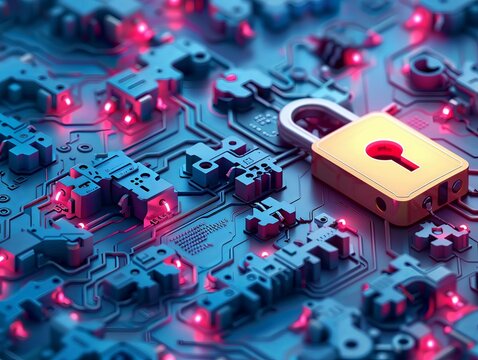 A glowing yellow padlock on a futuristic circuit board with red and blue lights