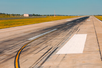 Brake marks on runway. Skid marks after landing