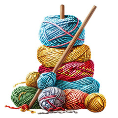 Colorful yarn balls stacked with knitting needles, representing a cozy and creative knitting or crochet setup for craft enthusiasts.